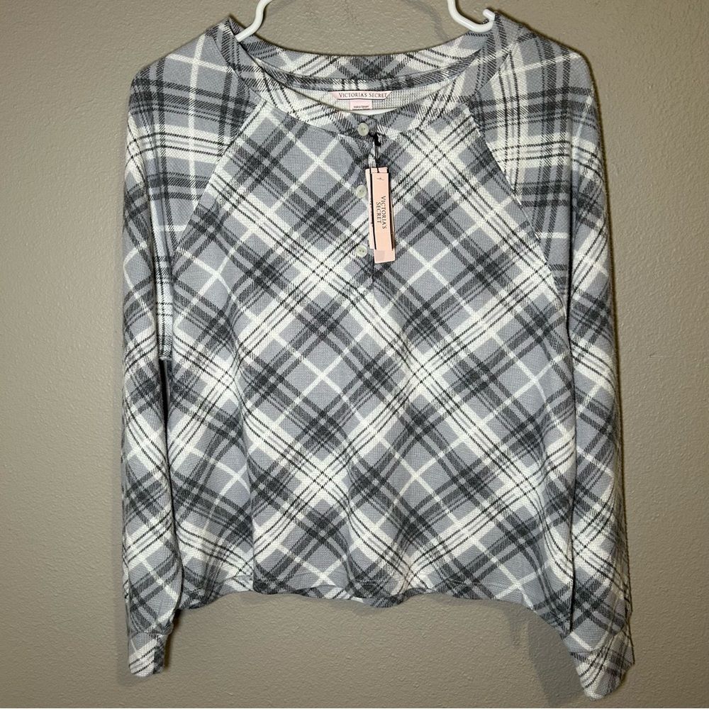 NEW Victoria’s Secret Gray Plaid Loungewear Thermal Henley Shirt Women’s size XS